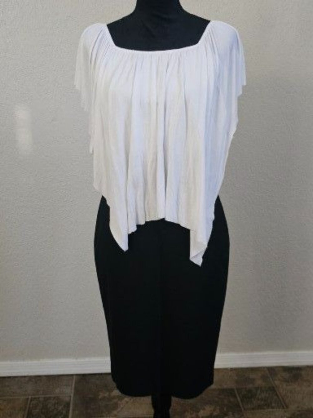 White Boho-Style Flutter Sleeve Top With Elastic Neckline & Asymmetrical Hem For - Picture 9 of 9